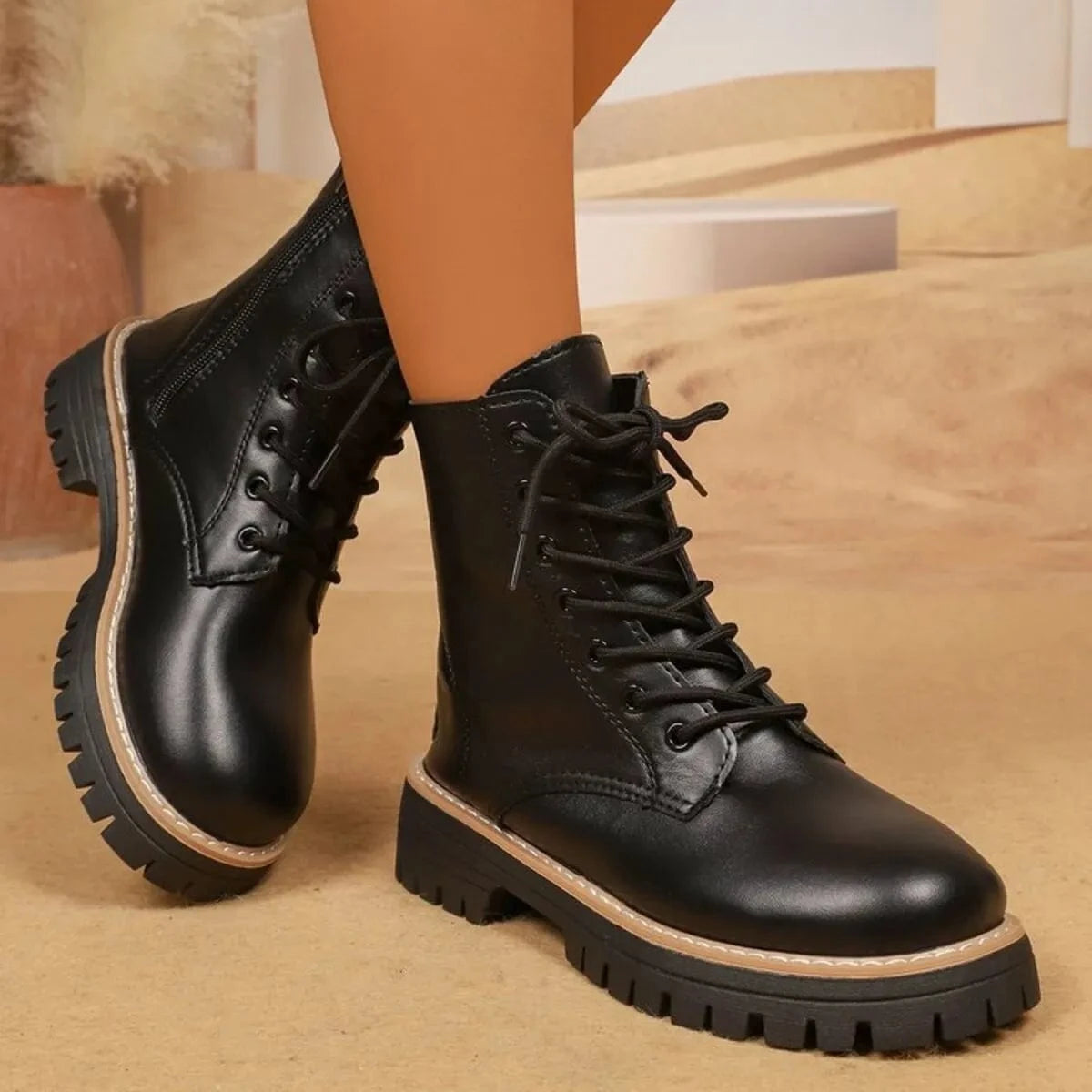 Lace Up Leather Combat Boots with Chunky Sole - Fashorio