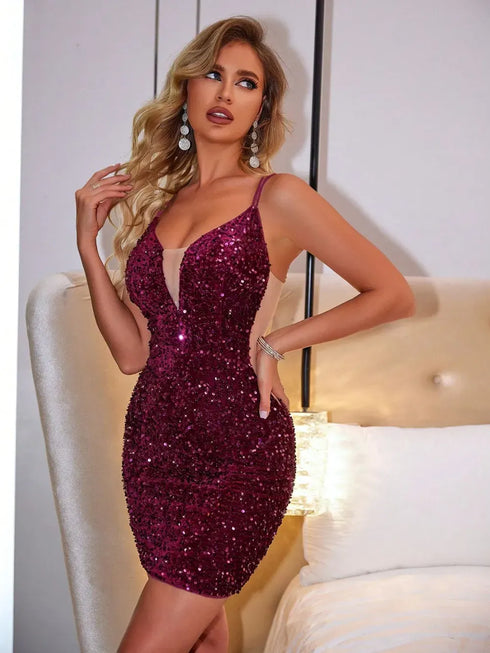 Fashorio Lace-Up Sequin Plunge Sleeveless Dress