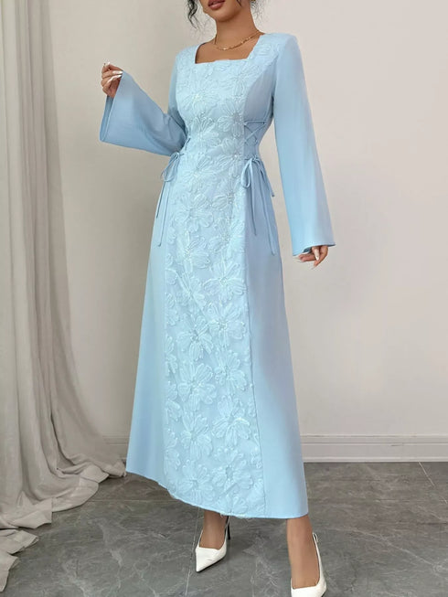 Fashorio Lace Up Square Neck Long Sleeve Maxi Dress