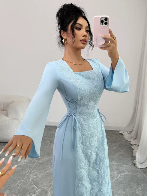 Fashorio Lace Up Square Neck Long Sleeve Maxi Dress