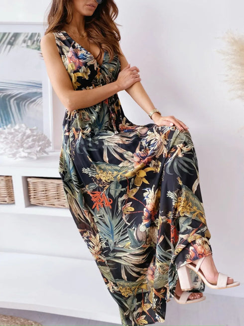 Fashorio Leaf Print Sleeveless Maxi Dress