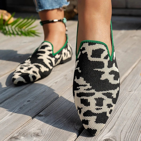 Point Toe Animal Print Knit Slip-On Loafers with Contrast Trim Leopard - Fashorio