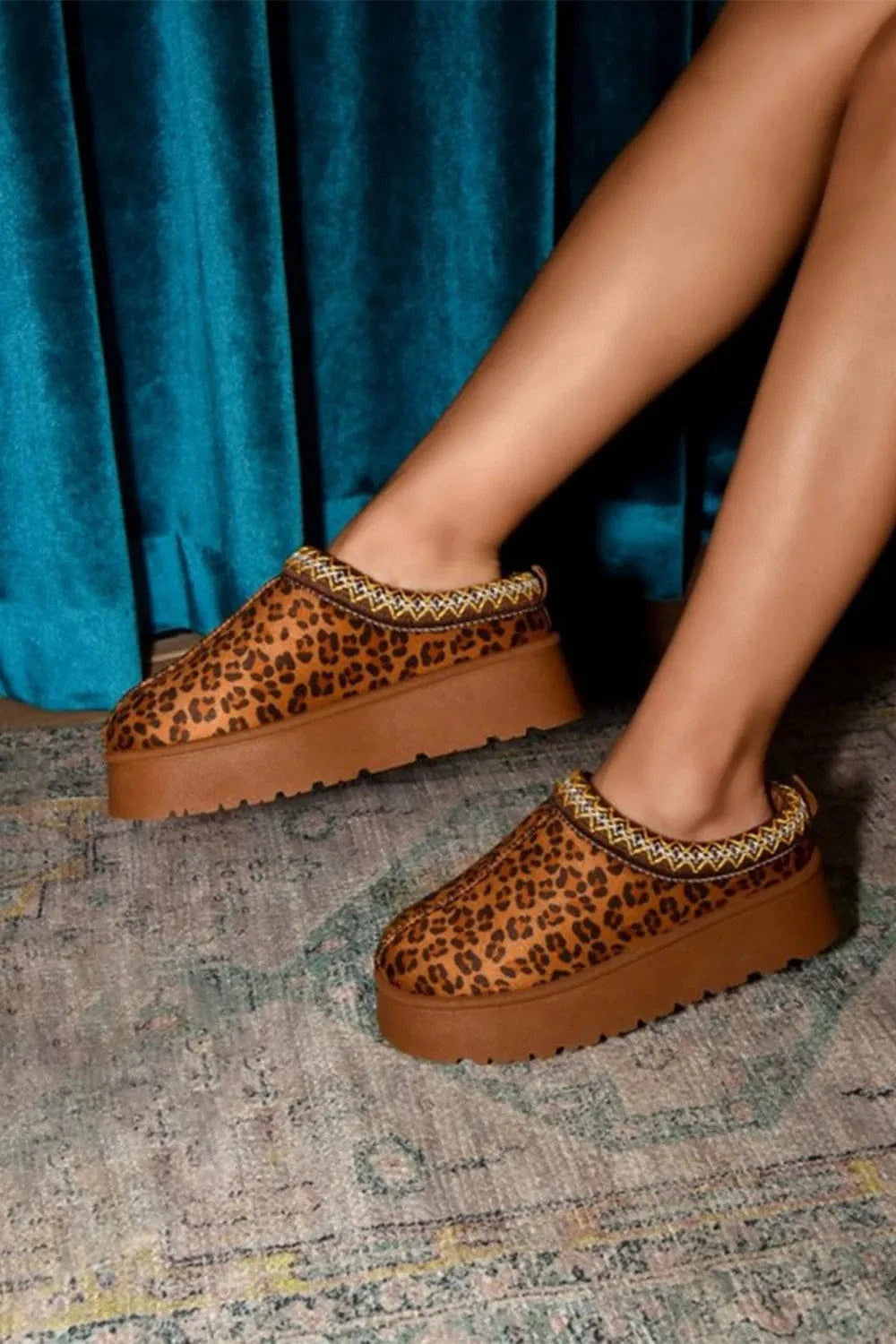 WILD DIVA Embroidered Trim Round Toe Platform Boots Leopard - Fashorio