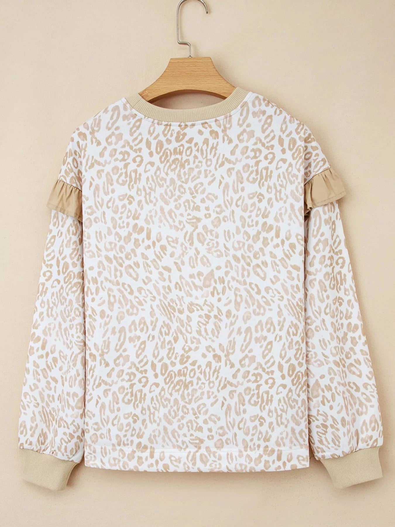 Leopard Ruffle Detail Ribbed Trim Round Neck Sweatshirt - Fashorio