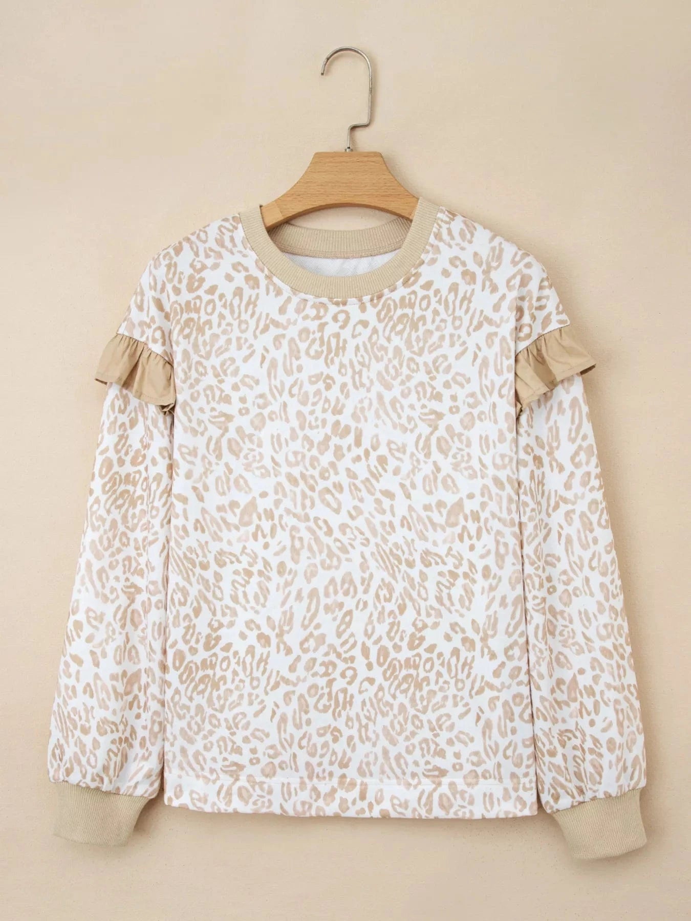 Leopard Ruffle Detail Ribbed Trim Round Neck Sweatshirt - Fashorio