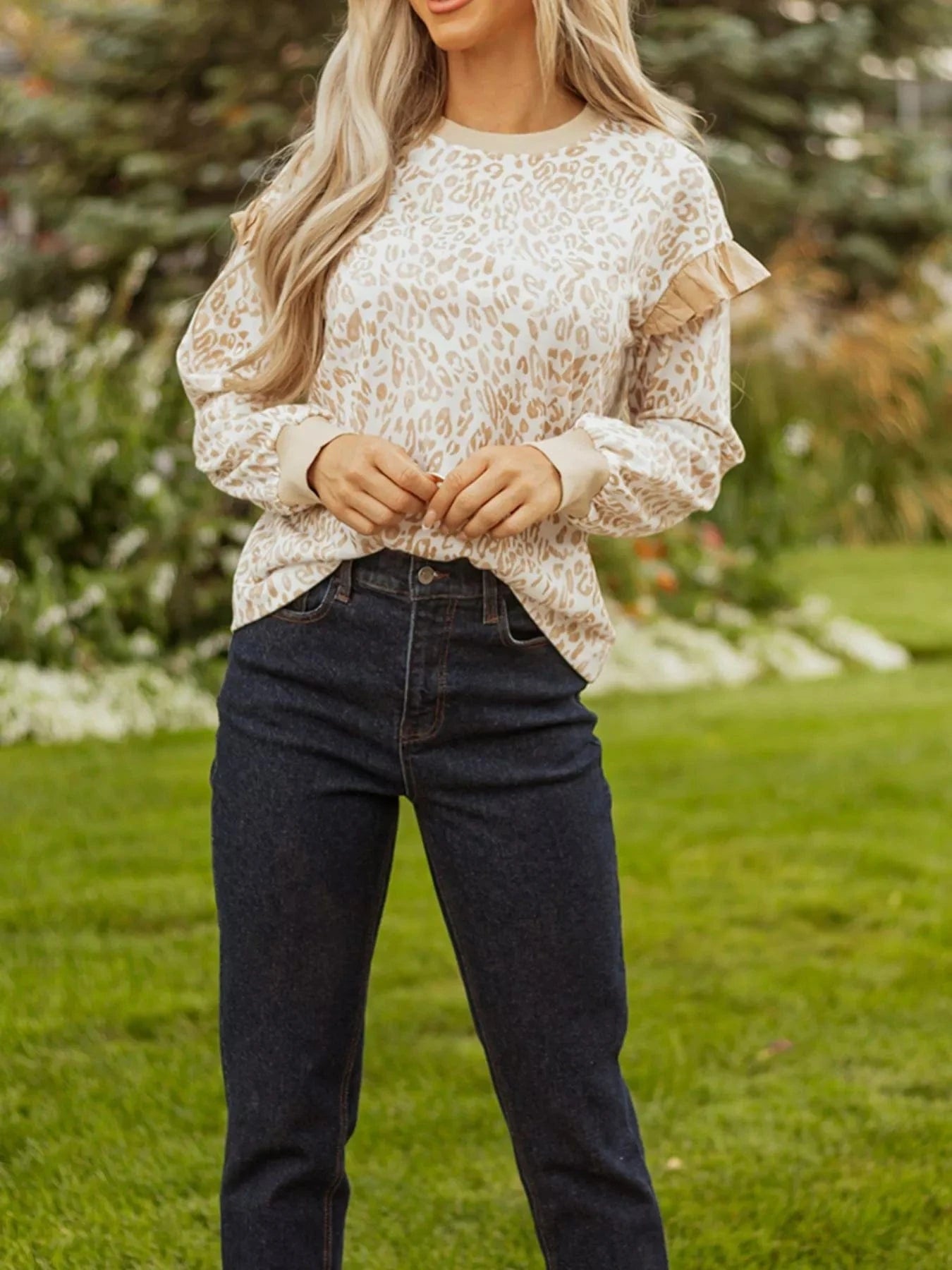 Leopard Ruffle Detail Ribbed Trim Round Neck Sweatshirt - Fashorio