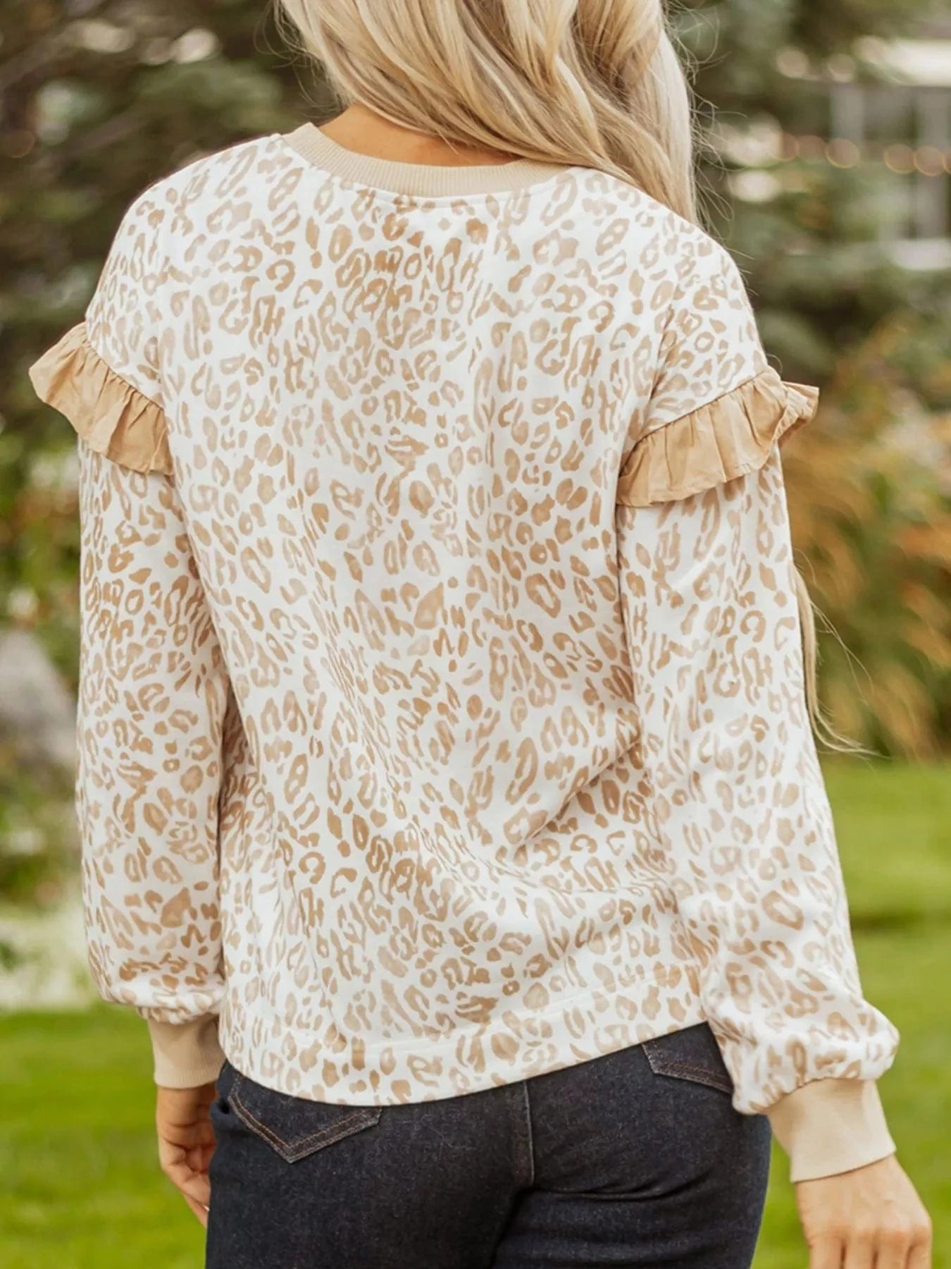 Leopard Ruffle Detail Ribbed Trim Round Neck Sweatshirt - Fashorio