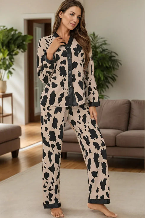 Fashorio Leopard / S Button Up Long Sleeve Top and Pants Lounge Set