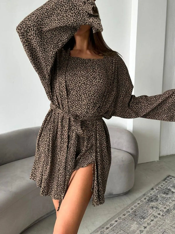 Fashorio Leopard / S Leopard Cami Cardigan and Shorts 3-Piece Set