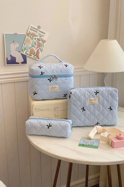 3 Piece Bow Quilted Cloth Storage Bag Set Light Blue One Size - Fashorio