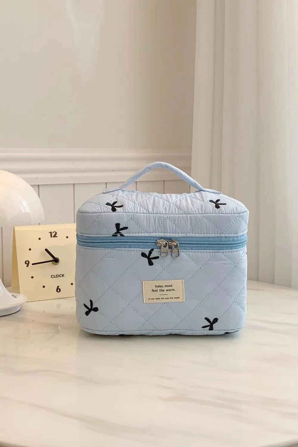 Bow Embroidered Quilted Storage Bag with Zip Light Blue One Size - Fashorio