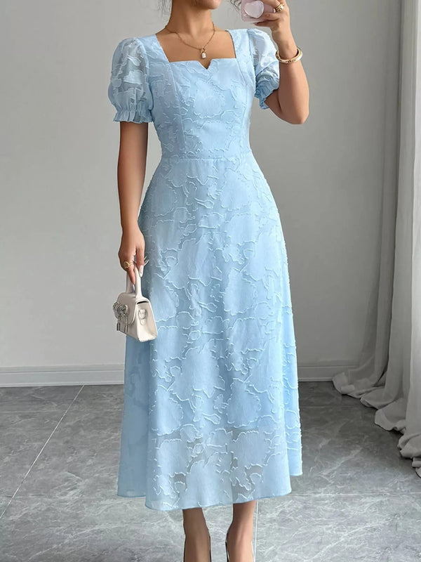 Floral Puff Sleeve Square Neck Midi Dress Light Blue - Fashorio