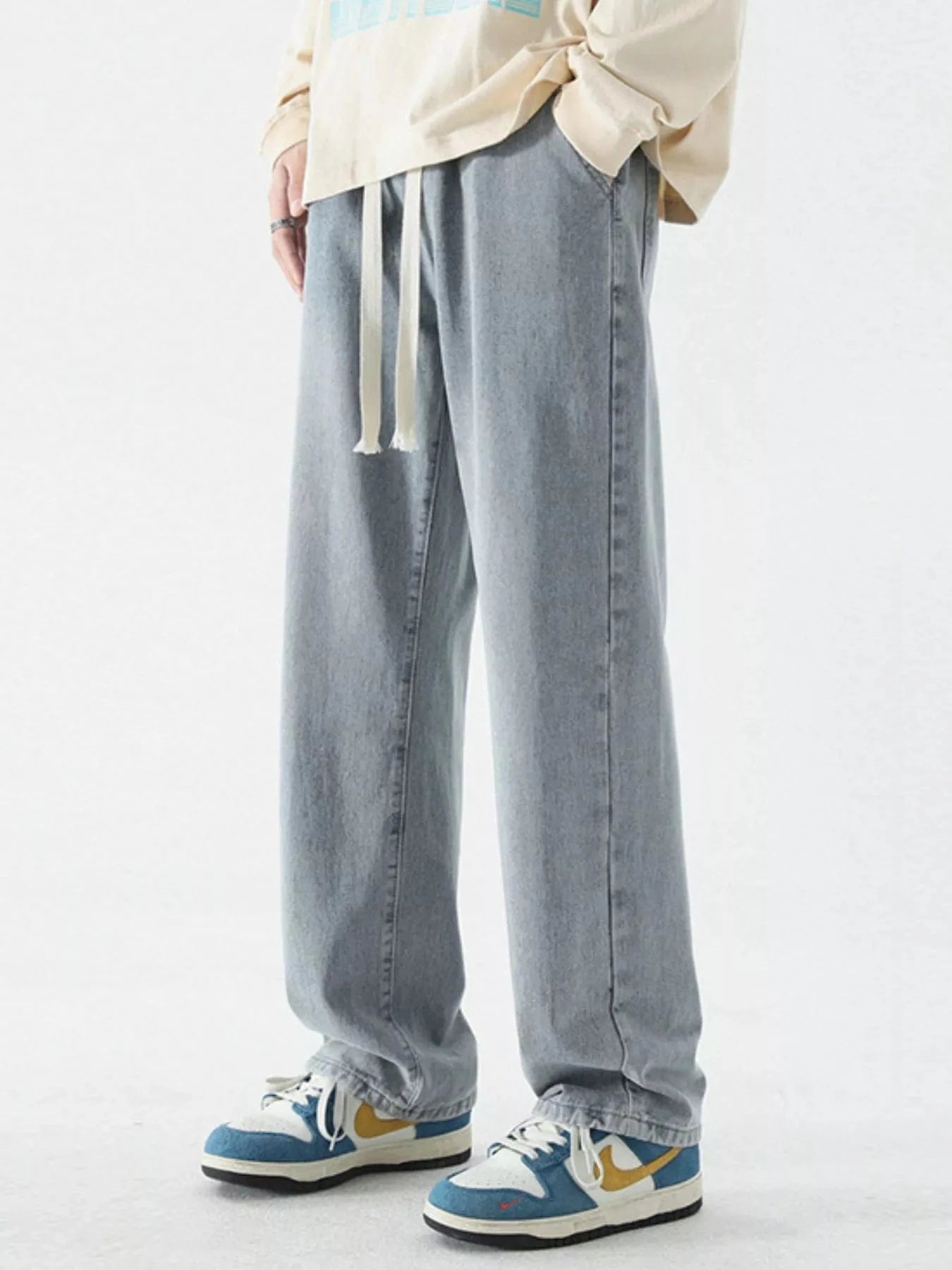 Men's Full Size Wide Leg Relaxed Fit Vintage Wash Jeans Plus Size Light Blue - Fashorio
