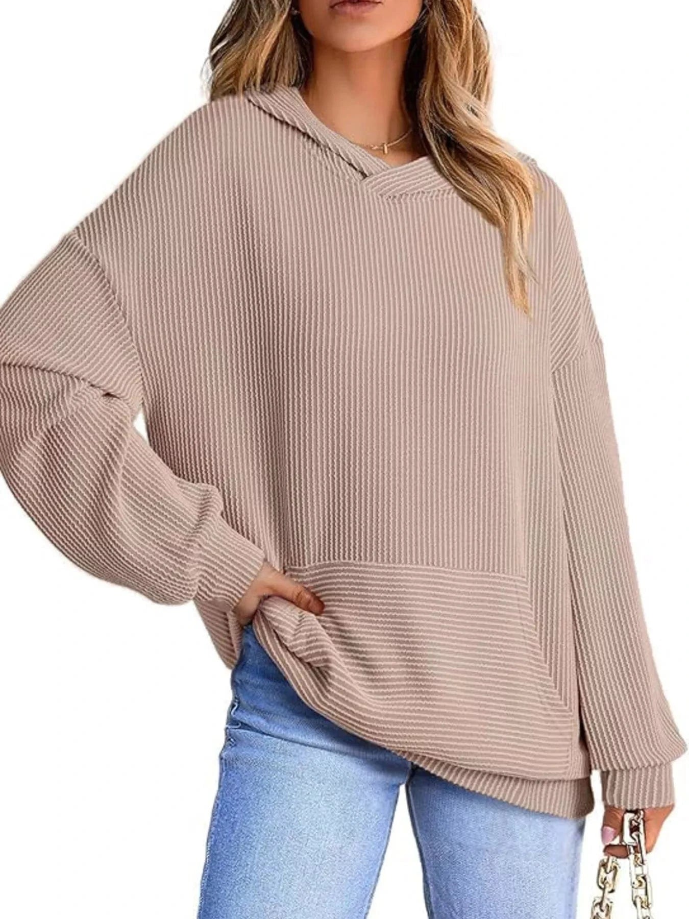 Ribbed Oversized Hoodie Sweatshirt with Pocket Light Coffee - Fashorio