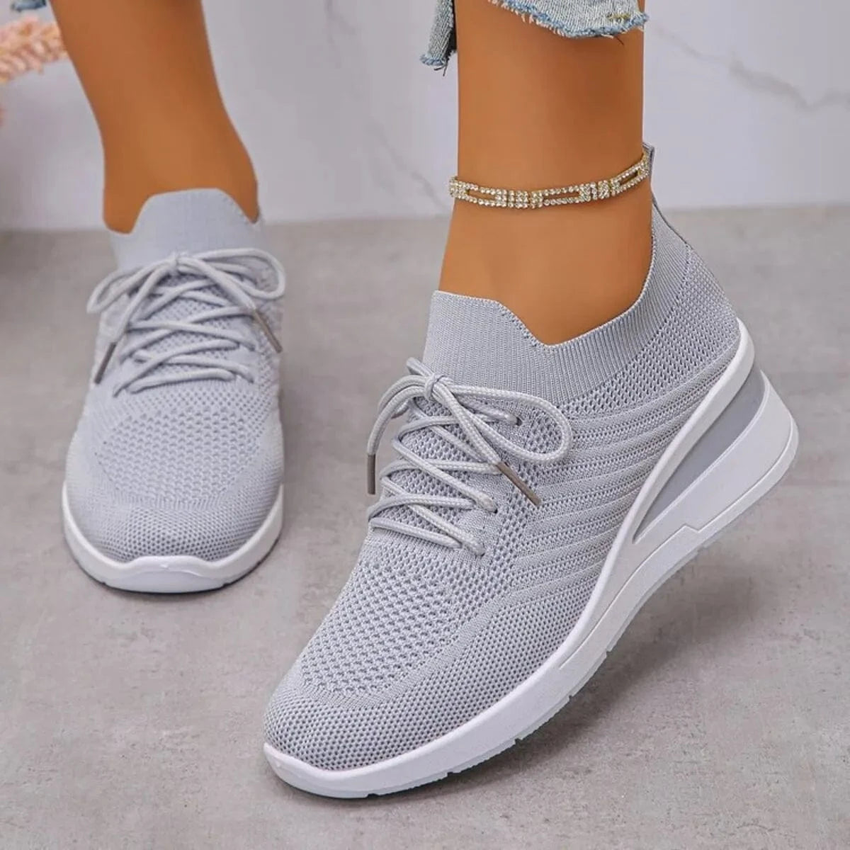 Lace Up Wedge Athletic Light Gray - Fashorio