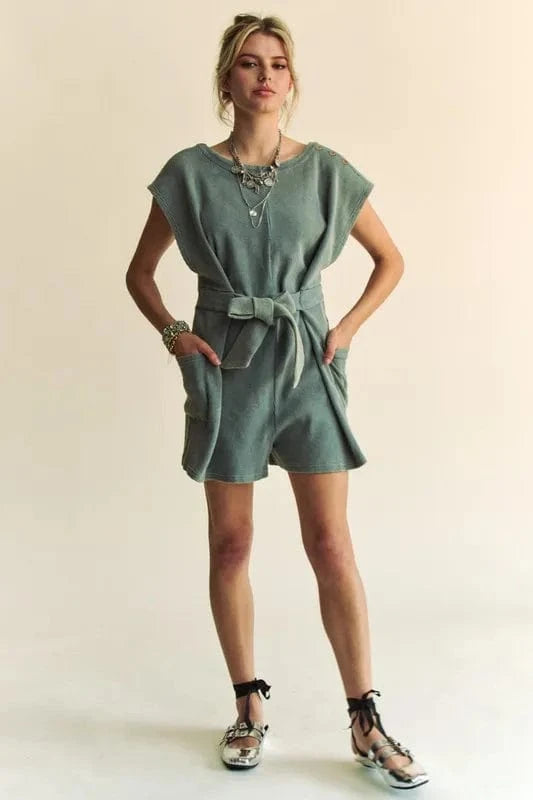 Davi & Dani Acid-Washed Waffle Knit Cuffed Sleeves Romper Light Teal - Fashorio