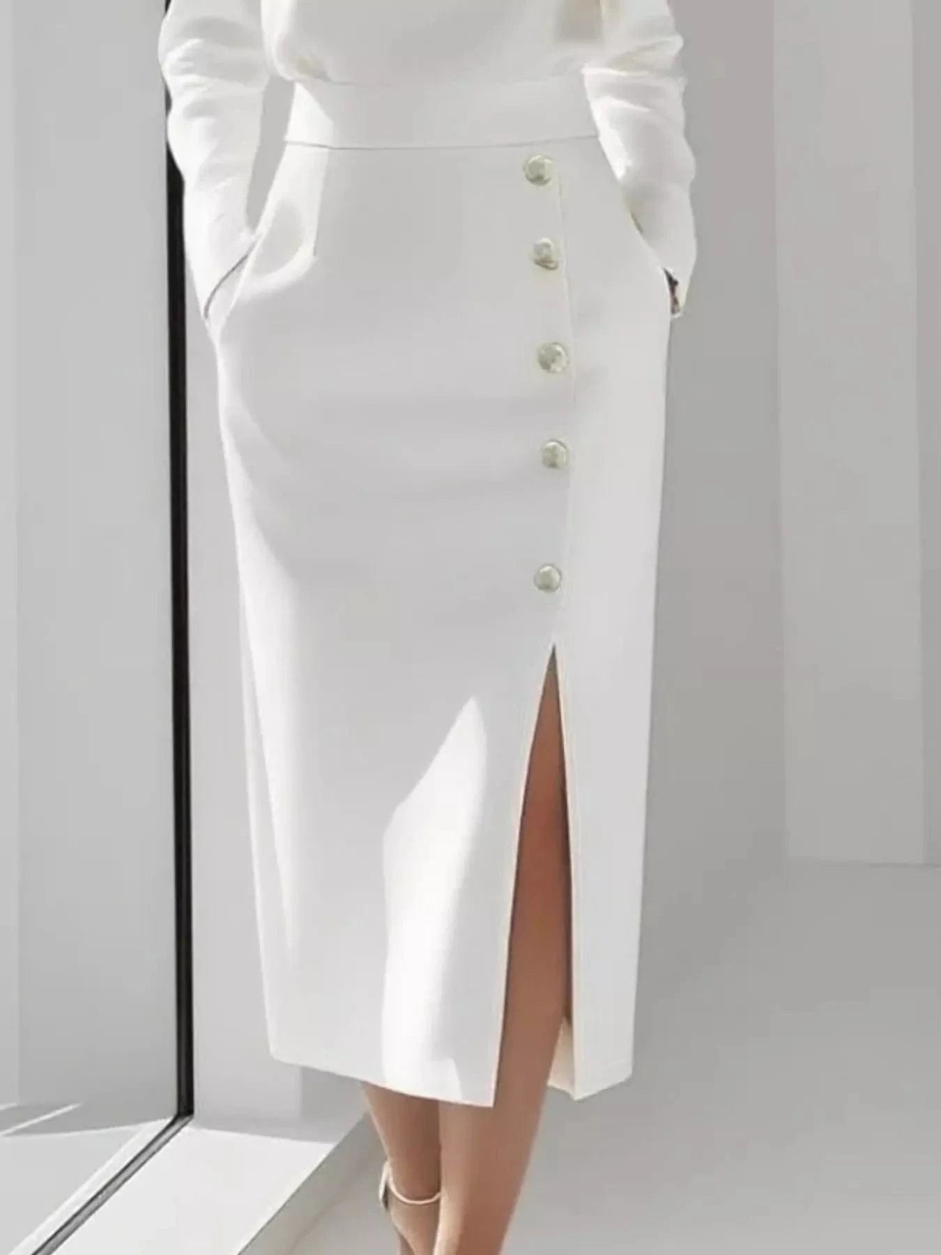 Long Sleeve Button Detail Midi Dress with Side Slit - Fashorio