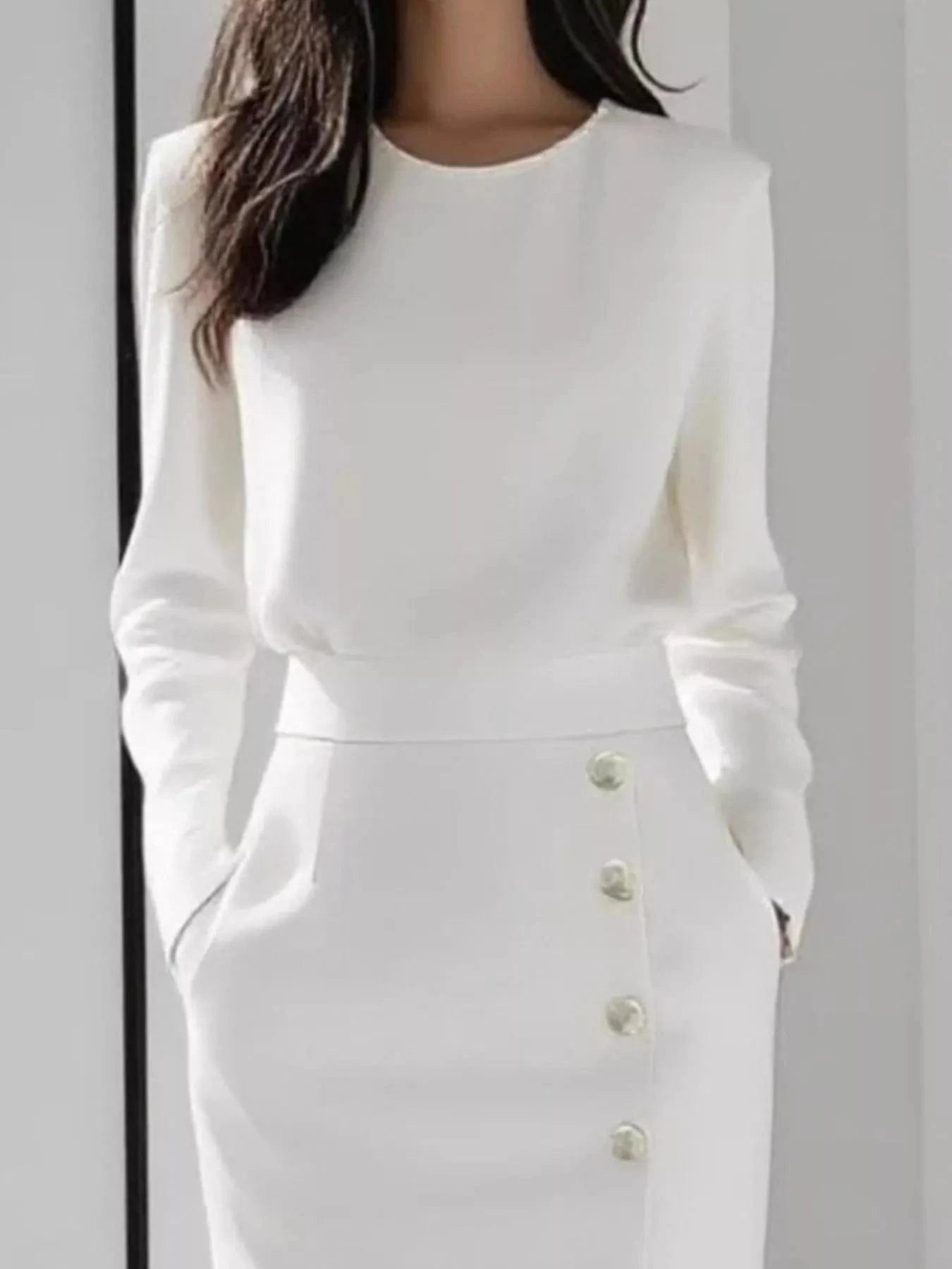 Long Sleeve Button Detail Midi Dress with Side Slit - Fashorio
