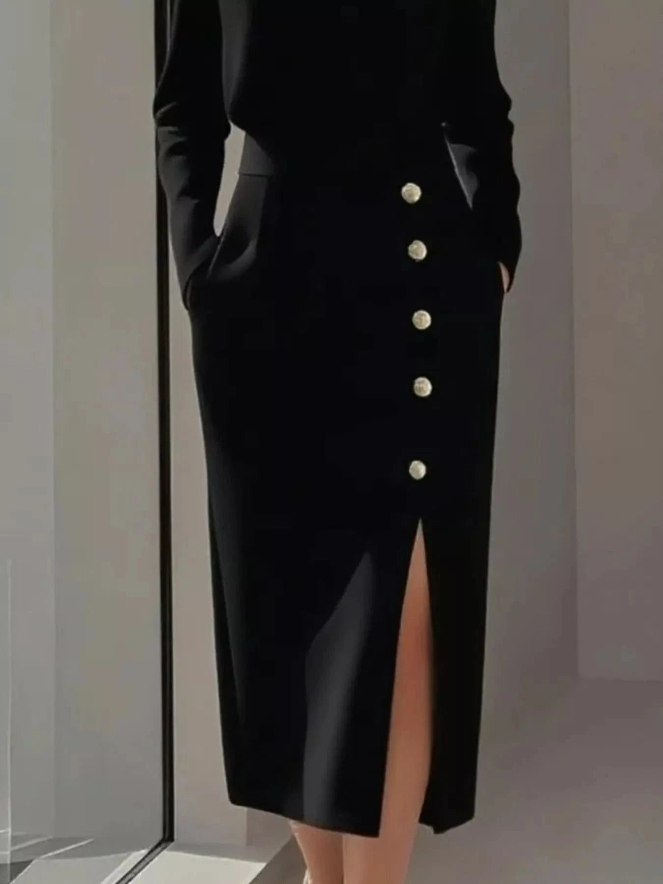 Long Sleeve Button Detail Midi Dress with Side Slit - Fashorio