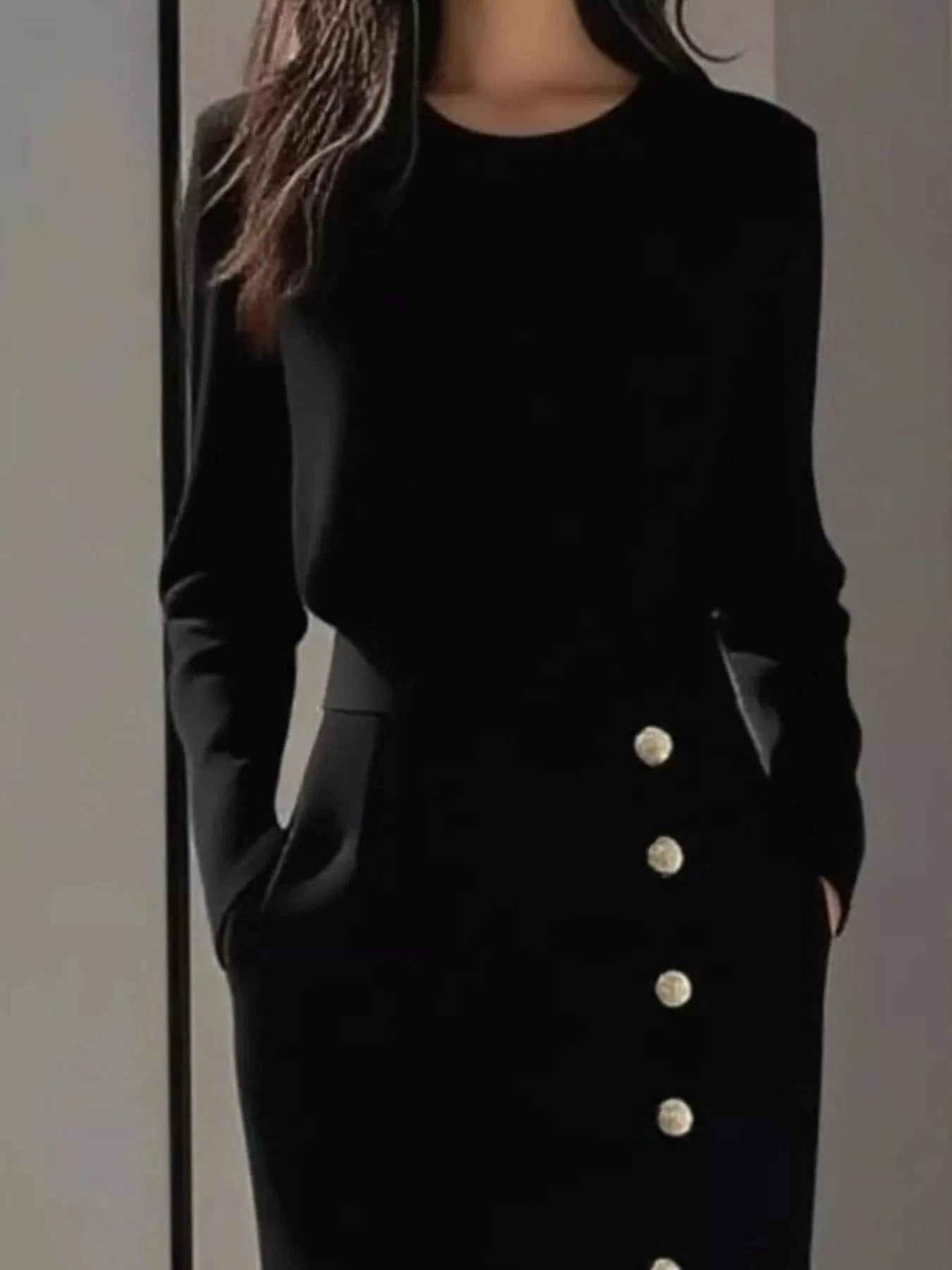 Long Sleeve Button Detail Midi Dress with Side Slit - Fashorio