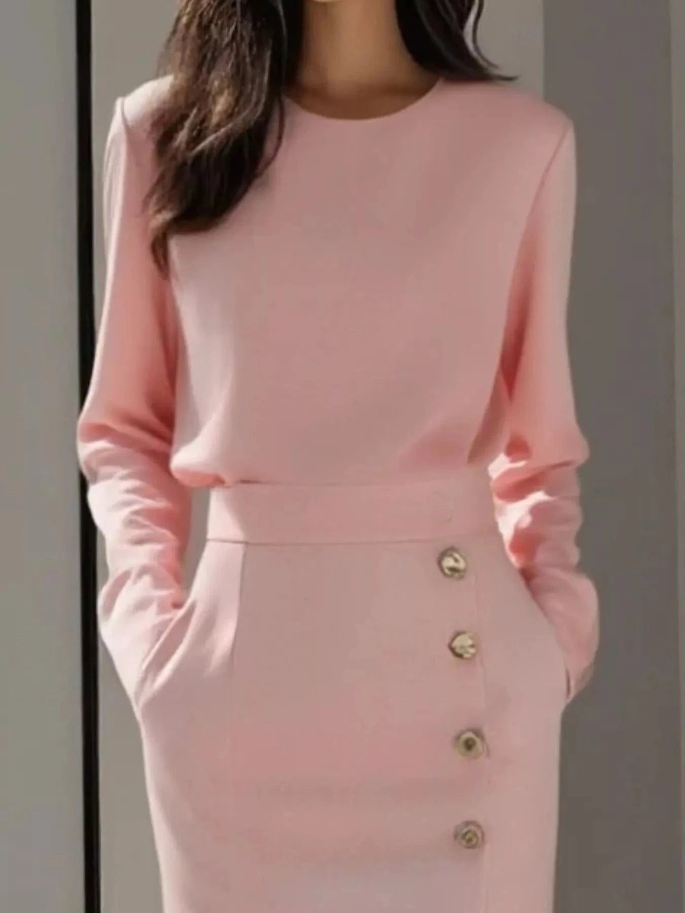 Long Sleeve Button Detail Midi Dress with Side Slit - Fashorio