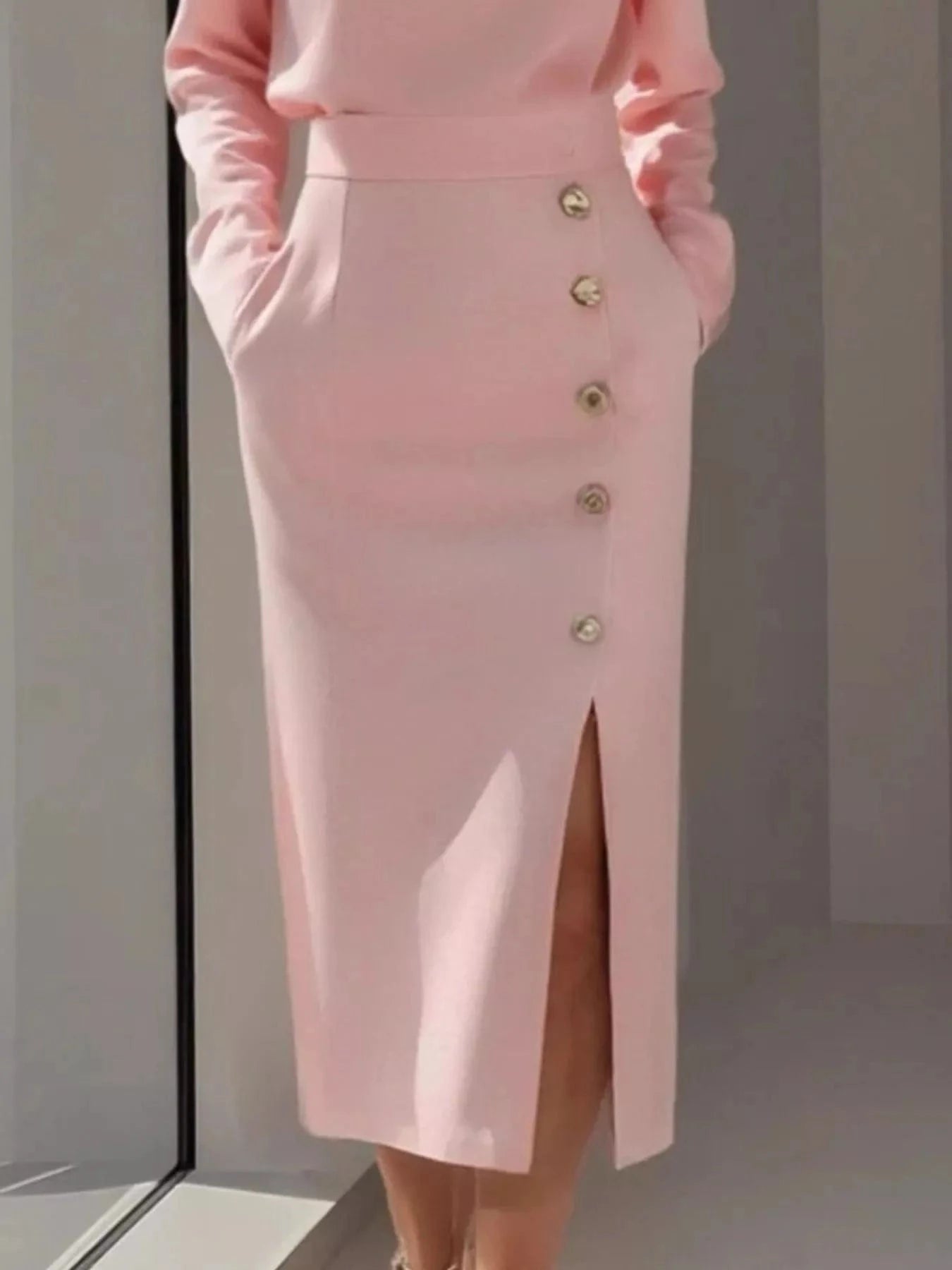 Long Sleeve Button Detail Midi Dress with Side Slit - Fashorio