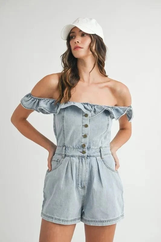 MABLE Off Shoulder Ruffle Detail Denim Romper Lt Denim - Fashorio