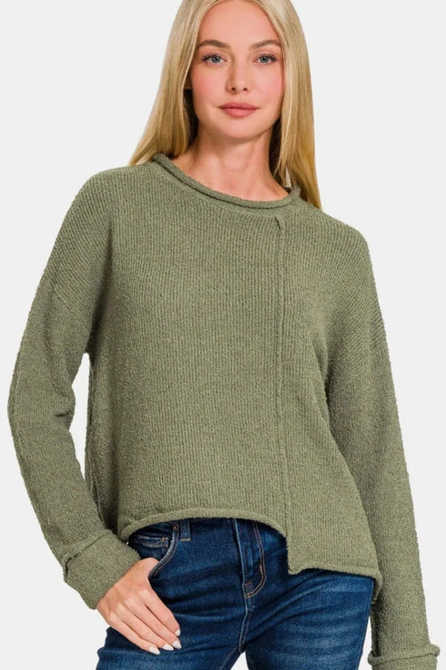 Zenana Asymmetric Hem Drop Shoulder Sweater Lt Olive - Fashorio