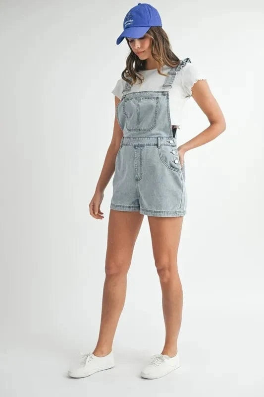 MABLE Square Neck Ruffle Shoulder Denim Overall Romper - Fashorio