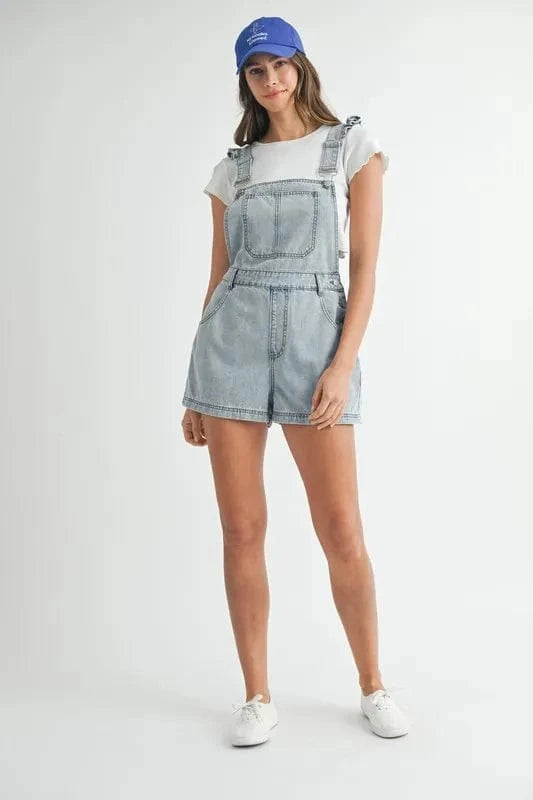 MABLE Square Neck Ruffle Shoulder Denim Overall Romper - Fashorio