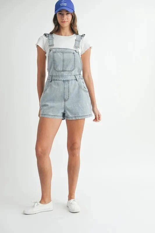 MABLE Square Neck Ruffle Shoulder Denim Overall Romper - Fashorio