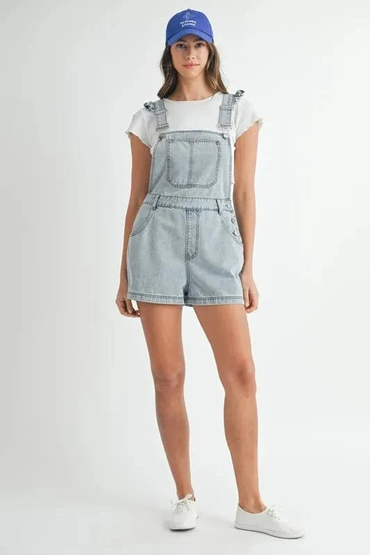 MABLE Square Neck Ruffle Shoulder Denim Overall Romper - Fashorio