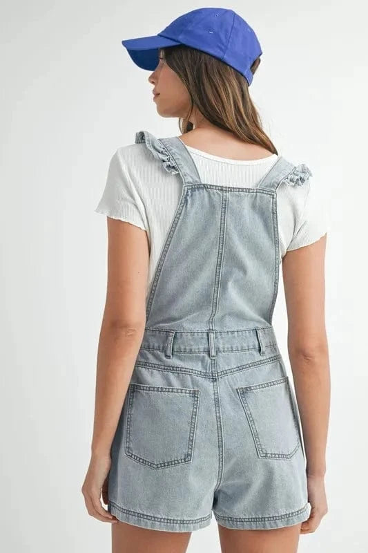 MABLE Square Neck Ruffle Shoulder Denim Overall Romper - Fashorio