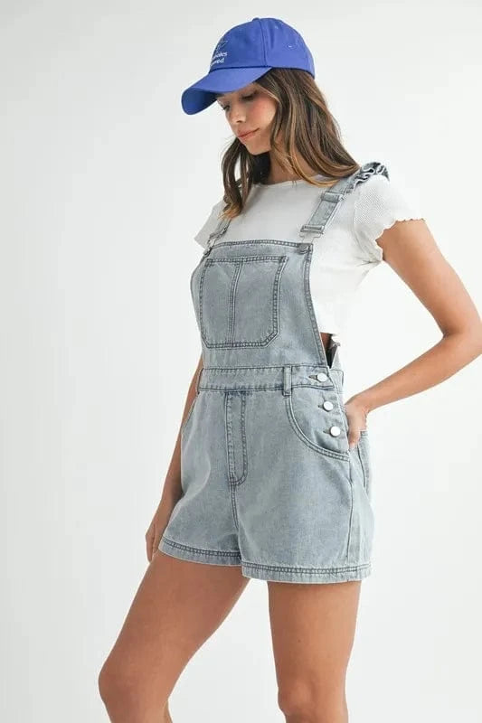 MABLE Square Neck Ruffle Shoulder Denim Overall Romper - Fashorio