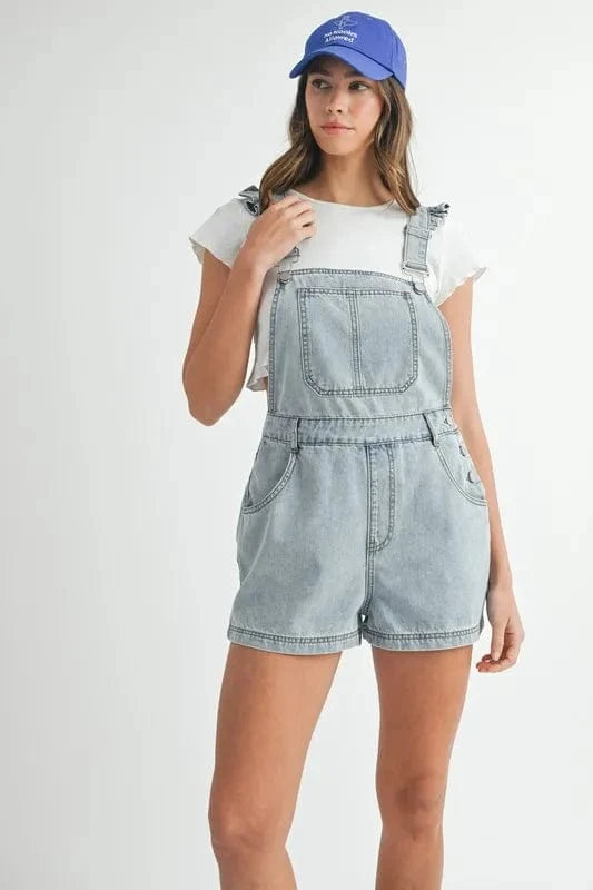 MABLE Square Neck Ruffle Shoulder Denim Overall Romper - Fashorio