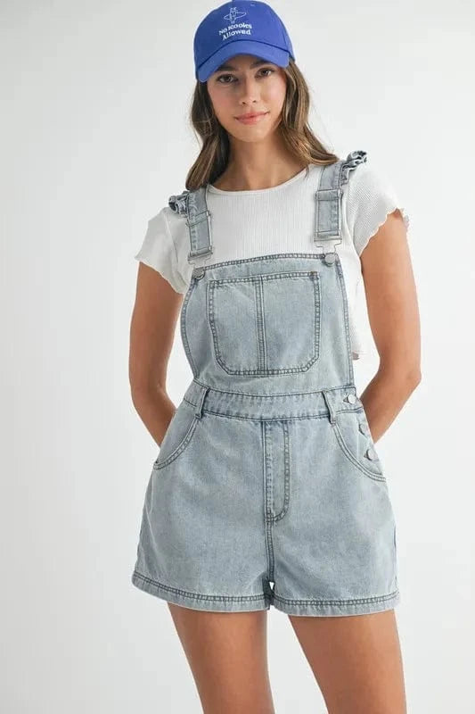 MABLE Square Neck Ruffle Shoulder Denim Overall Romper - Fashorio