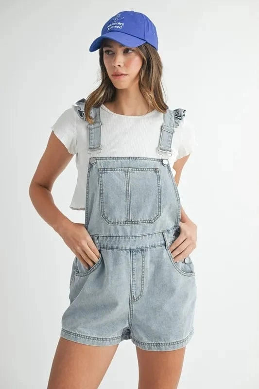 MABLE Square Neck Ruffle Shoulder Denim Overall Romper - Fashorio