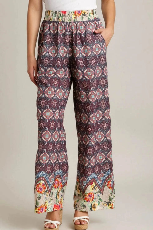 Umgee Full Size Mixed Print Elastic Waistband Pants Plus Size MAROON MIX - Fashorio