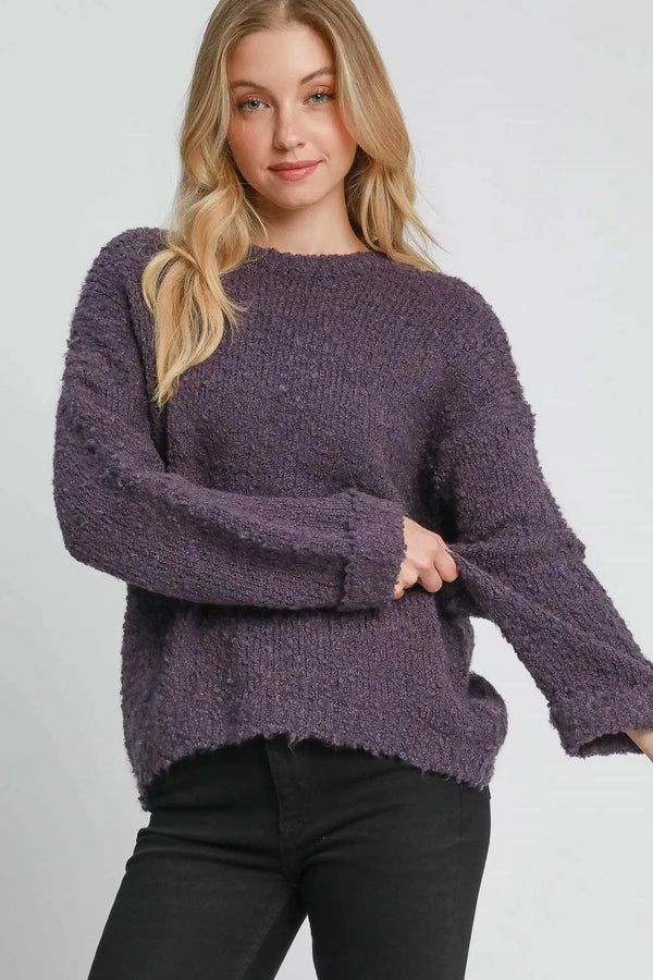 Umgee Full Size Round Neck Long Sleeve Boucle Sweater Plus Size Mauve - Fashorio