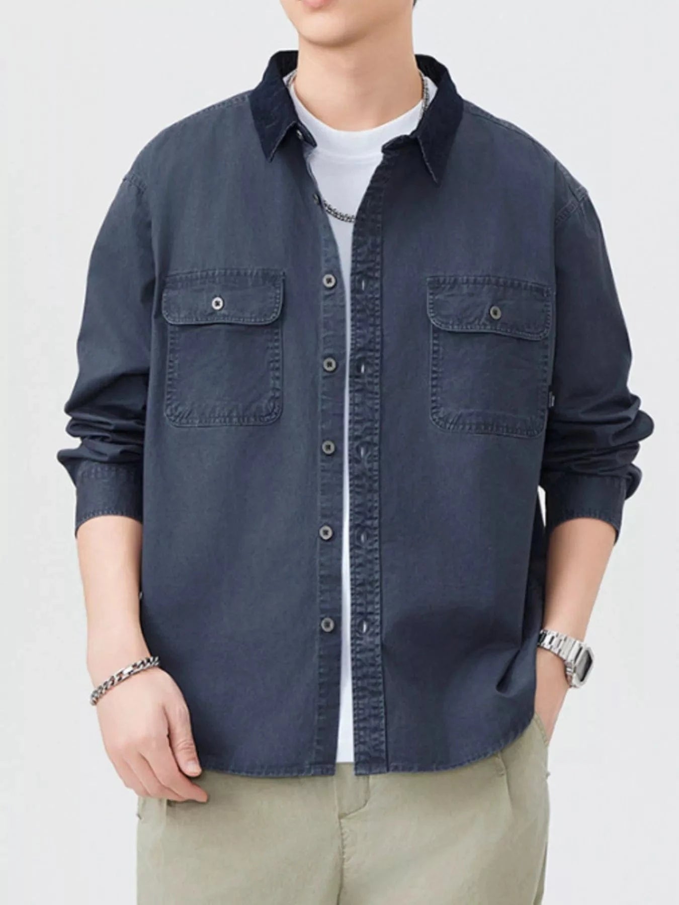 Men's Plus Size Button Up Shacket with Dual Chest Pockets - Fashorio
