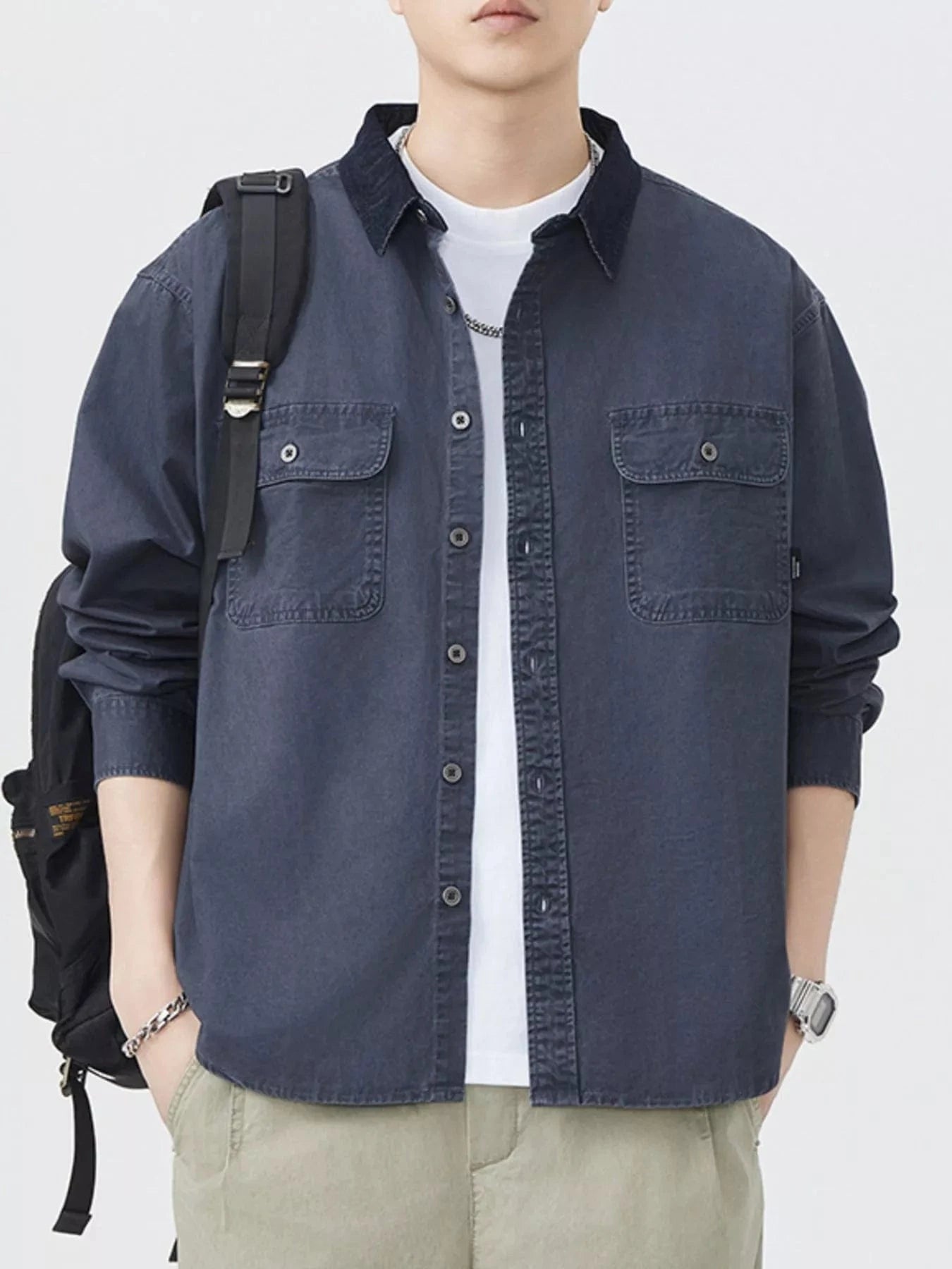 Men's Plus Size Button Up Shacket with Dual Chest Pockets - Fashorio