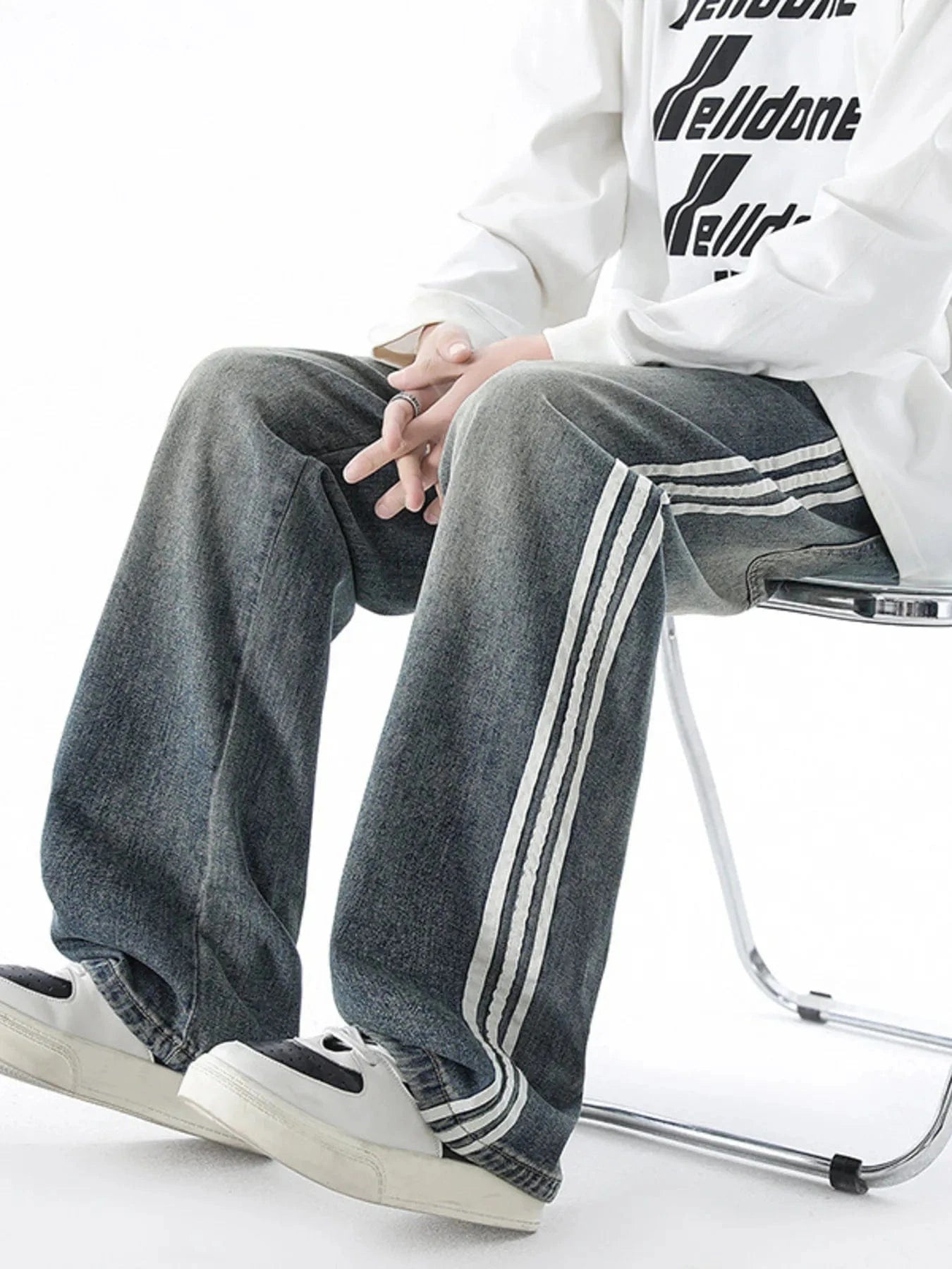 Men's Plus Size Retro Wide Leg Side Stripe Jeans - Fashorio