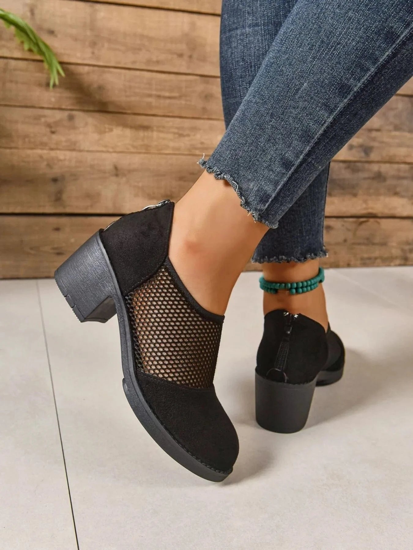 Mesh Panel Block Heel Pumps - Fashorio