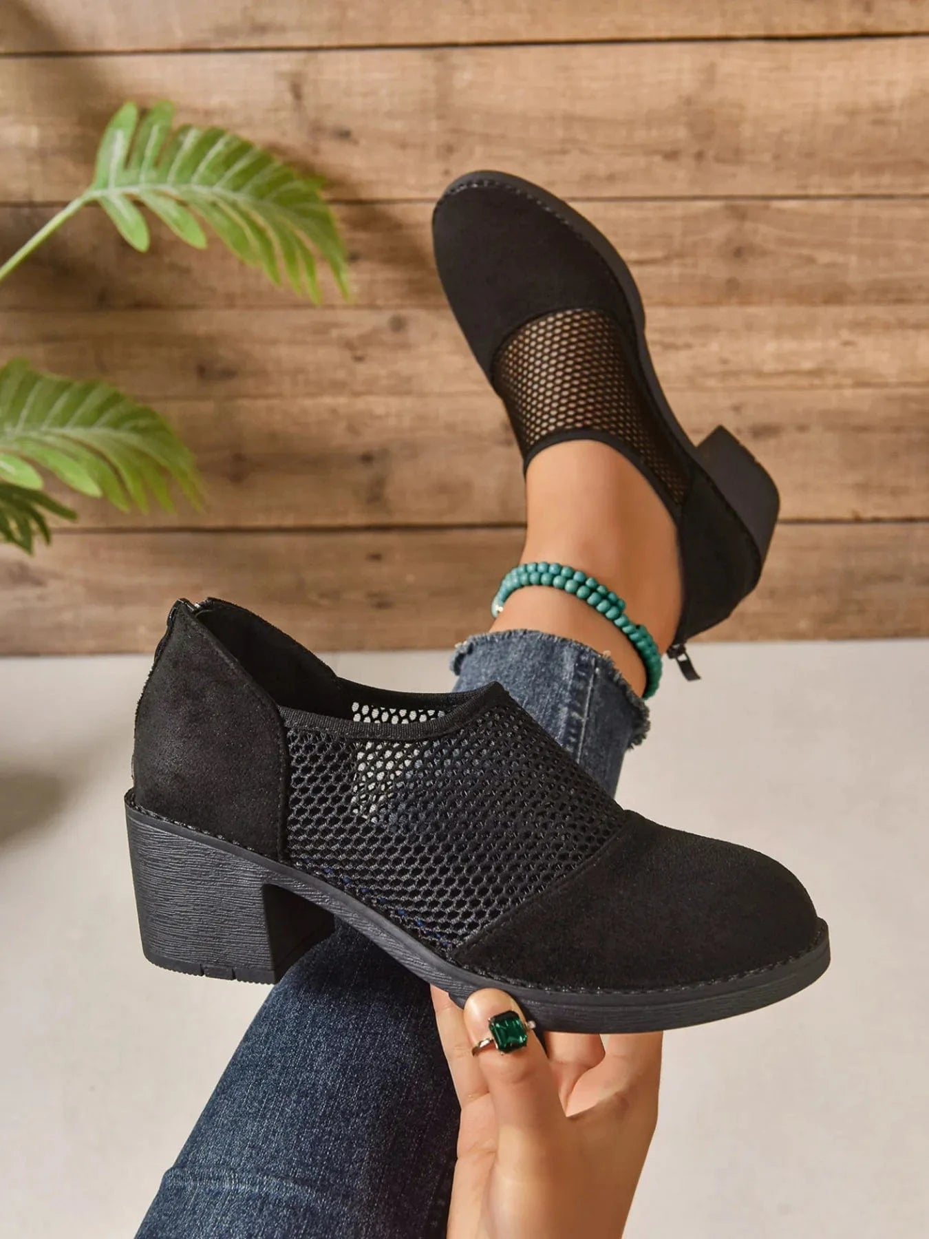 Mesh Panel Block Heel Pumps - Fashorio