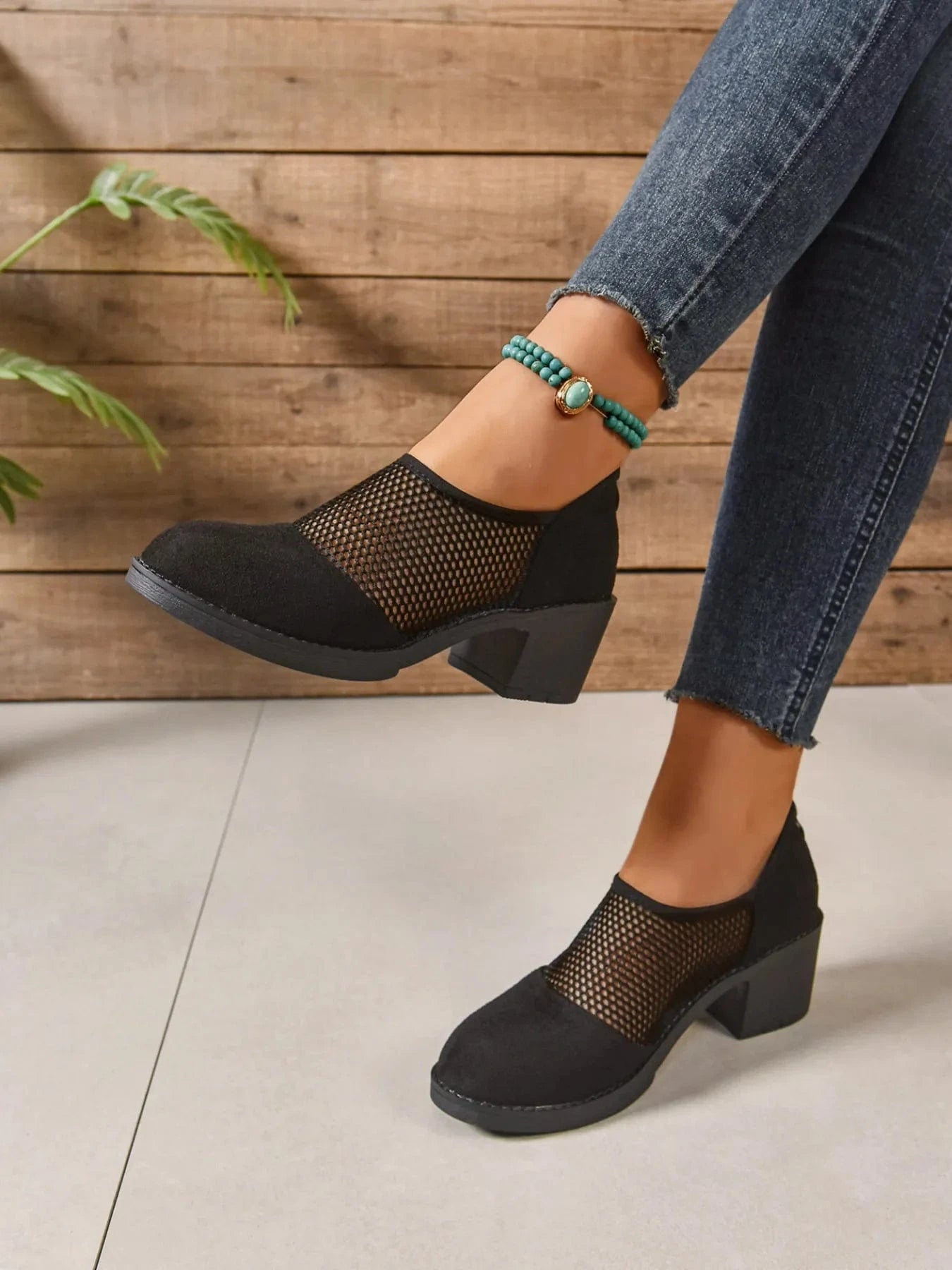 Mesh Panel Block Heel Pumps - Fashorio