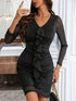 Fashorio Metallic Ruffled V-Neck Long Sleeve Mini Dress