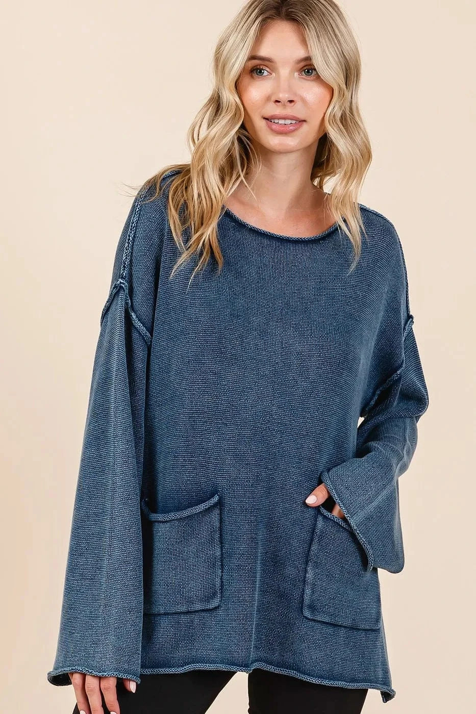 Mittoshop Mineral Wash Patch Pocket Cut Edge Sweater Midnight - Fashorio
