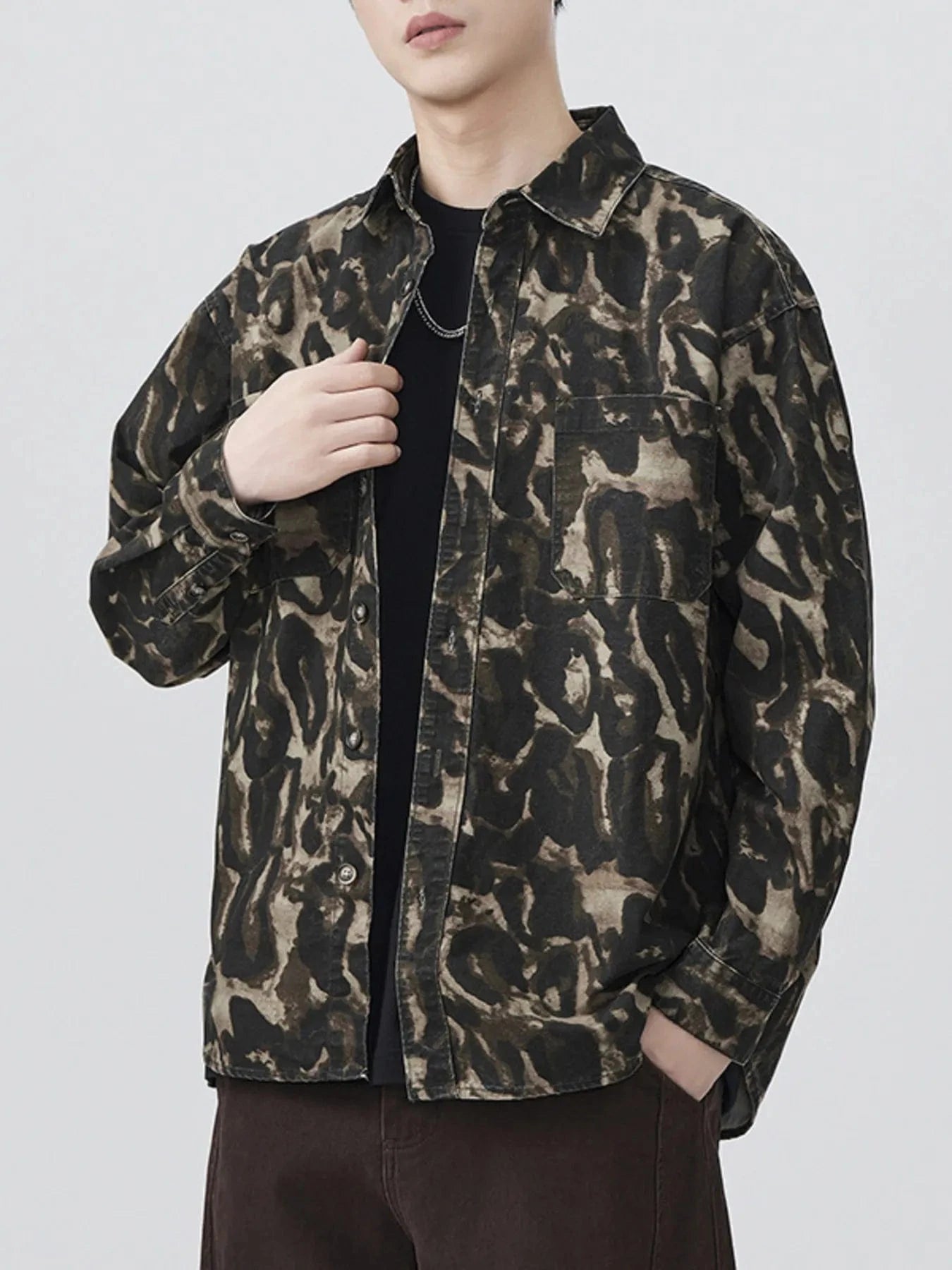 Men's Plus Size Camouflage Print Button-Up Shacket Military Green - Fashorio