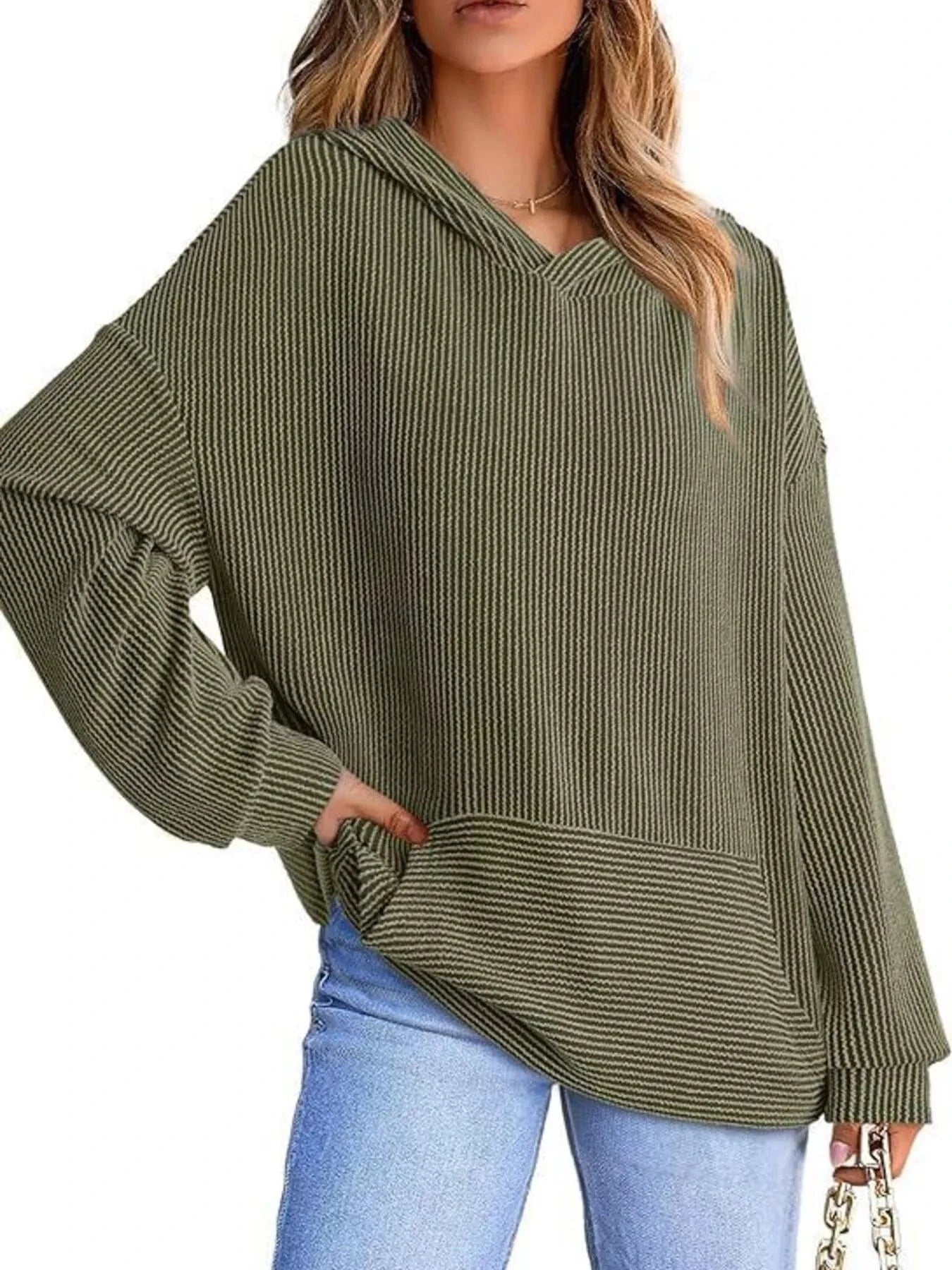 Ribbed Oversized Hoodie Sweatshirt with Pocket Military Green - Fashorio