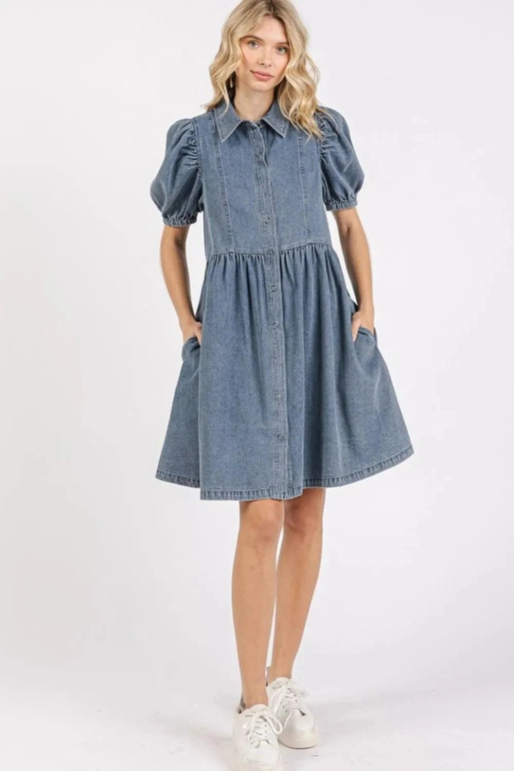 Mittoshop Button Down Puff Sleeve Denim Dress - Fashorio